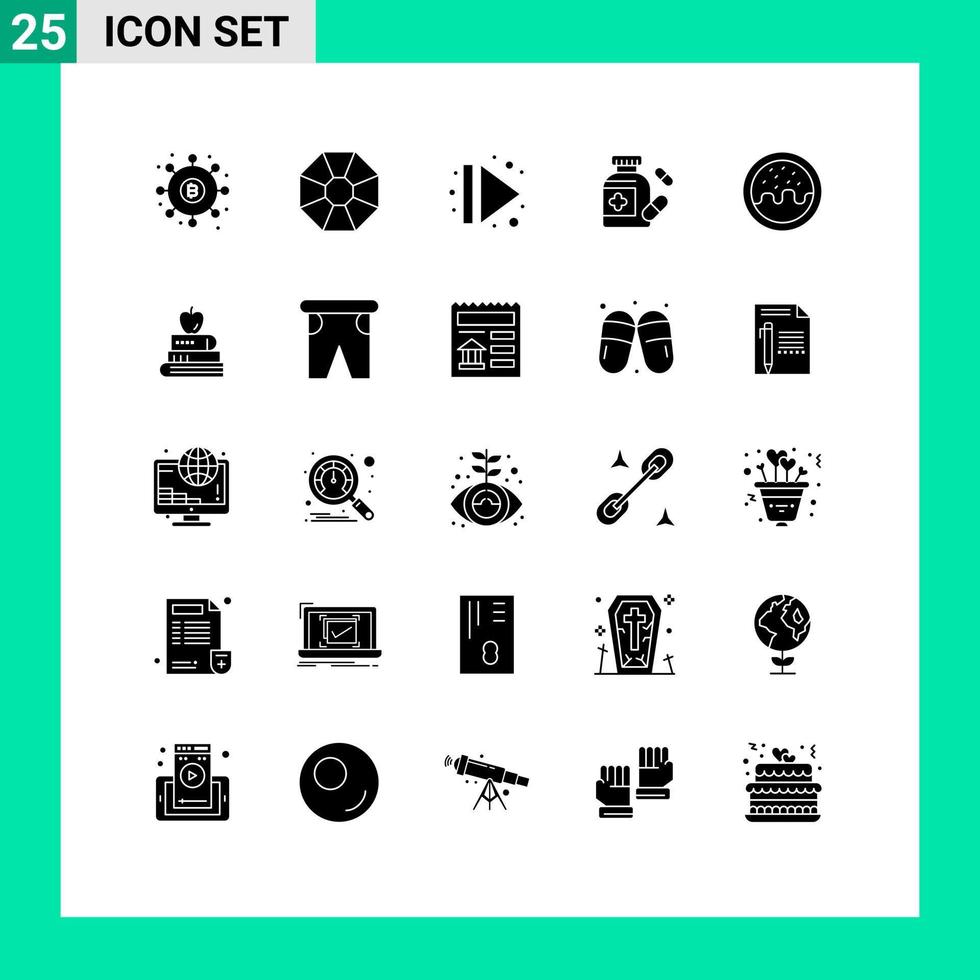 Satz von 25 Vektor-Solid-Glyphen auf Raster für Lebensmittel Dessert Pfeil Medizin medizinische editierbare Vektordesign-Elemente vektor