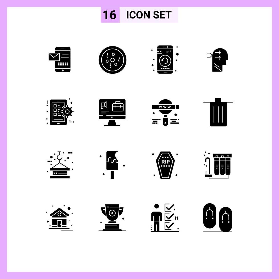 redigerbar vektor linje packa av 16 enkel fast glyfer av tänkande huvud vetenskap mental chang telefon redigerbar vektor design element