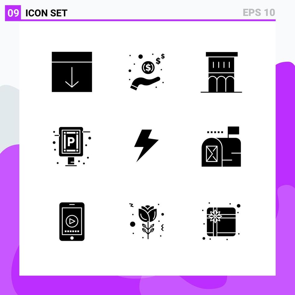 piktogram uppsättning av 9 enkel fast glyfer av styrelse parkering kontanter bil fast egendom redigerbar vektor design element