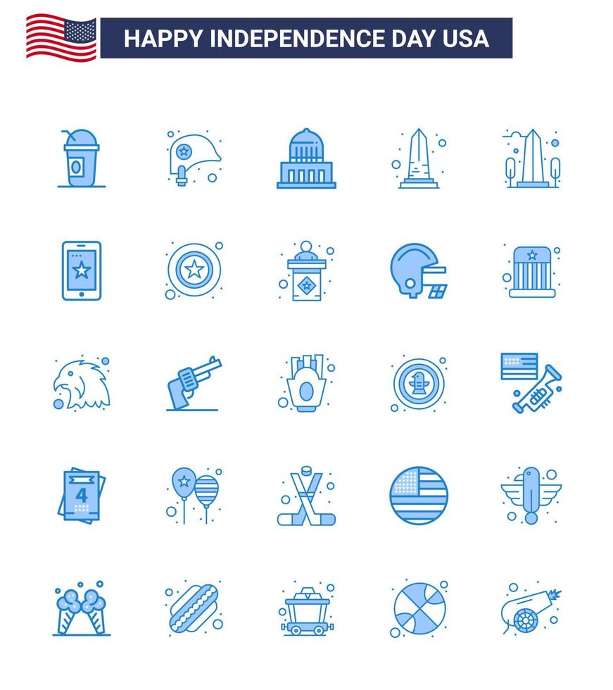 Blaue Packung mit 25 Usa-Unabhängigkeitstag-Symbolen mobiler Usa-Gebäude-Sehenswürdigkeiten Wahrzeichen editierbare Usa-Tag-Vektordesign-Elemente vektor