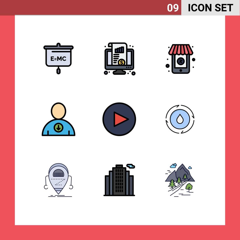 9 universell fylld linje platt färger uppsättning för webb och mobil tillämpningar energi pil pengar användare ner redigerbar vektor design element