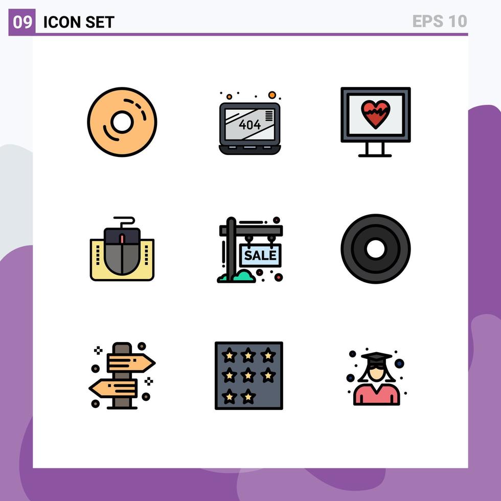 uppsättning av 9 kommersiell fylld linje platt färger packa för försäljning styrelse hjärta dator gränssnitt redigerbar vektor design element