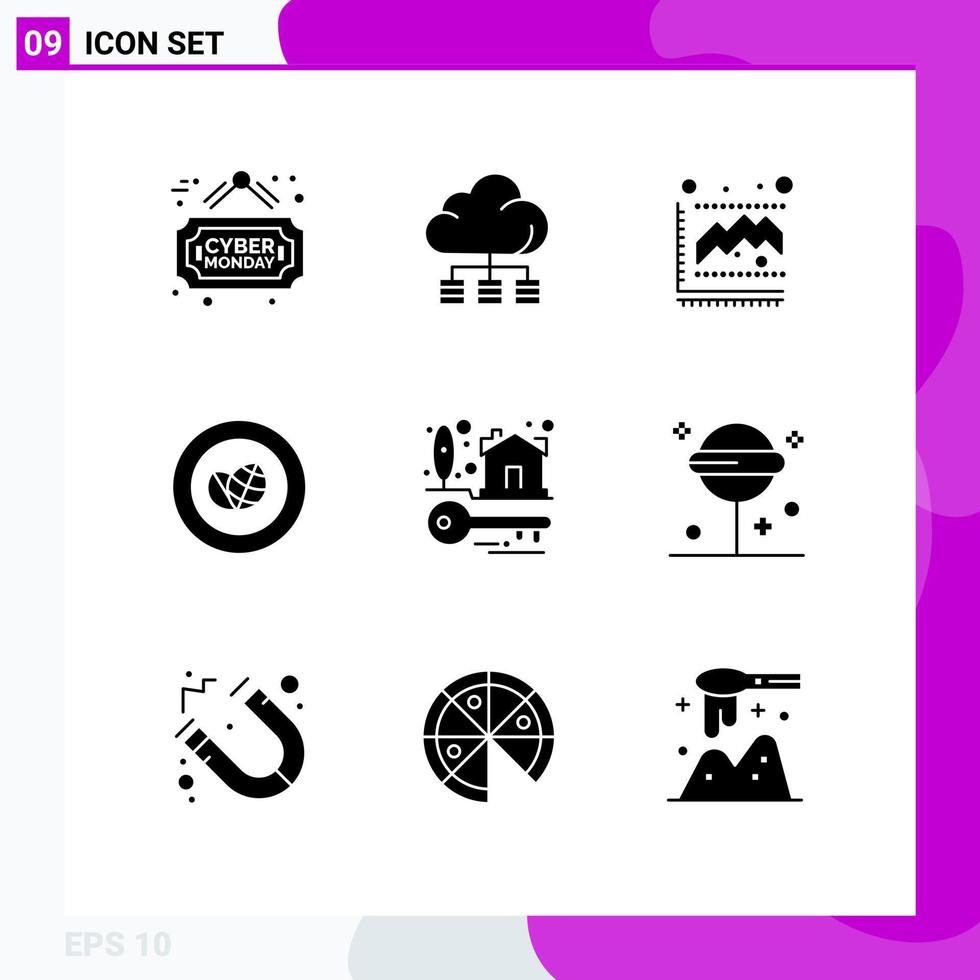 9 universelle solide Glyphenzeichen Symbole von Eigentumshausschlüsseln Diagrammkranz Öko-editierbare Vektordesign-Elemente vektor