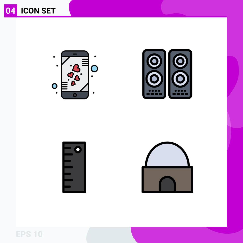 redigerbar vektor linje packa av 4 enkel fylld linje platt färger av hjärta mäta smart telefon film byggnad redigerbar vektor design element