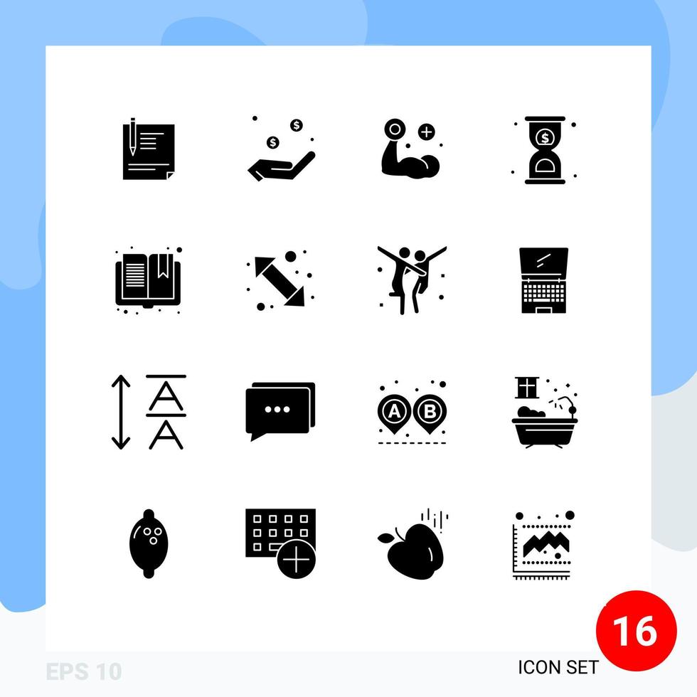 Satz von 16 Vektor-Solid-Glyphen auf Raster für Timer-Frist Währung Muskel handbearbeitbare Vektordesign-Elemente vektor