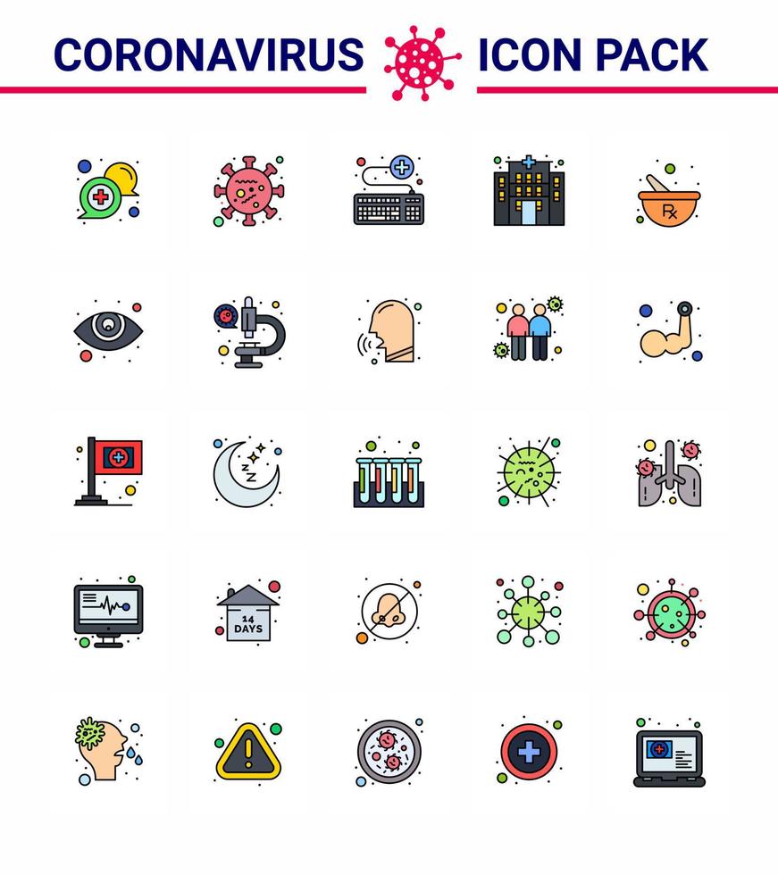 25 flache, farbig gefüllte Linien-Coronavirus-Epidemie-Icon-Pack saugen als Krankenhausgebäude-Lebensüberleben online virales Coronavirus 2019nov-Krankheitsvektor-Designelemente vektor