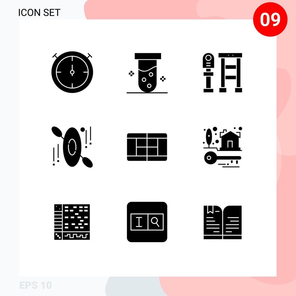 9 solides Glyphenkonzept für mobile Websites und Apps. Eigentumshausschlüssel Station Tennisreise editierbare Vektordesign-Elemente vektor