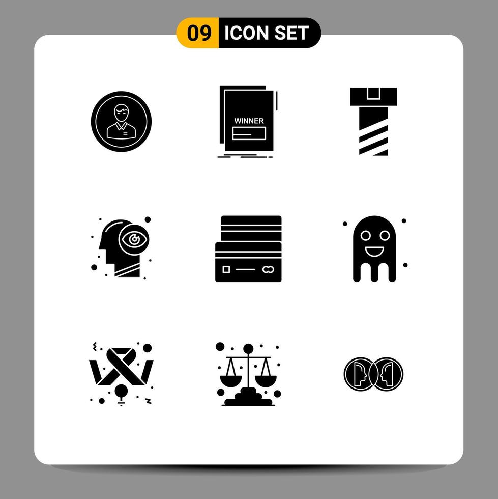 9 solides Glyphen-Konzept für mobile Websites und Apps Augenansicht Mind Link Human Bolt editierbare Vektordesign-Elemente vektor