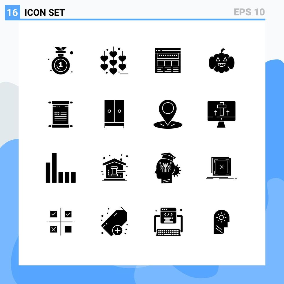 piktogrammsatz von 16 einfachen soliden glyphen von scroll american browser pumkin web editierbare vektordesignelemente vektor