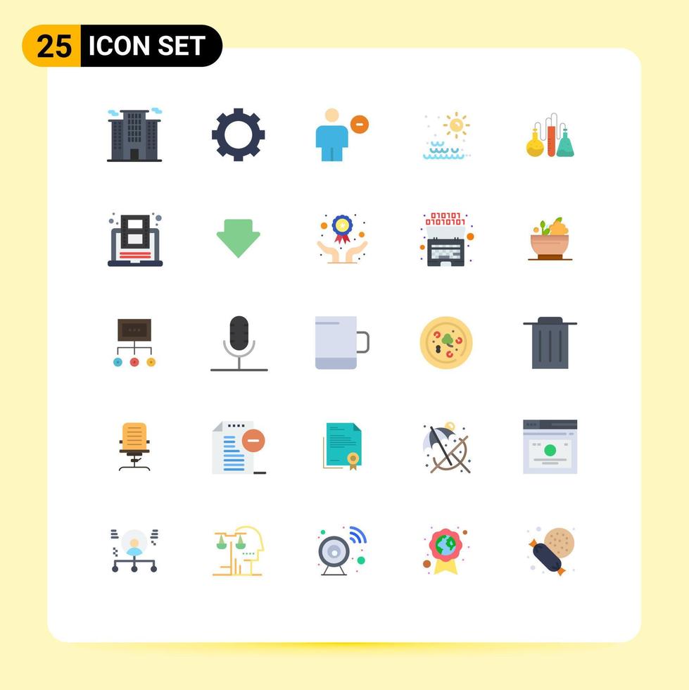 flacher farbsatz der mobilen schnittstelle mit 25 piktogrammen der chemischen sonnenaufgang-avatar-sonne minus bearbeitbare vektordesignelemente vektor