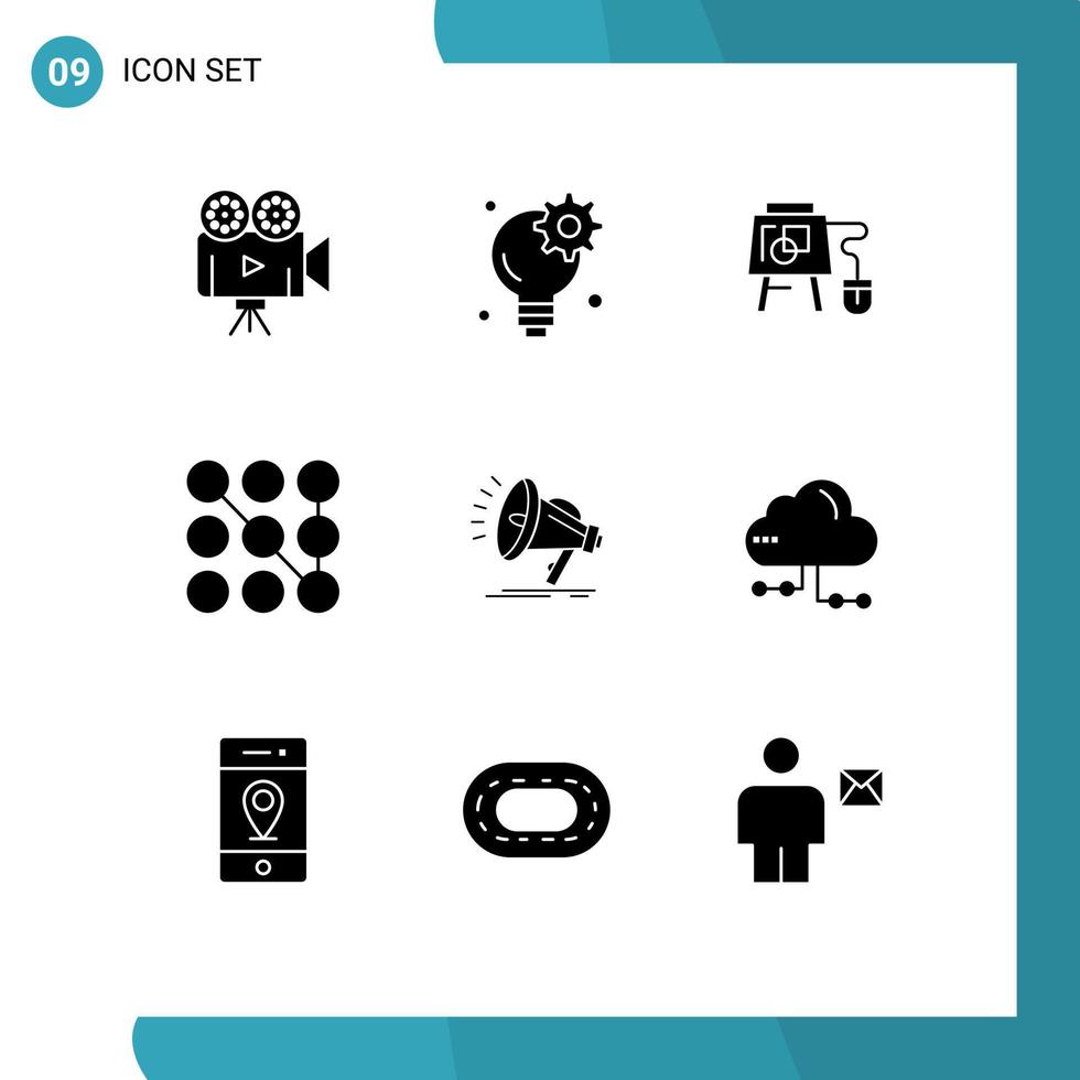 uppsättning av 9 vektor fast glyfer på rutnät för audio högtalare mus säkerhet låsa redigerbar vektor design element