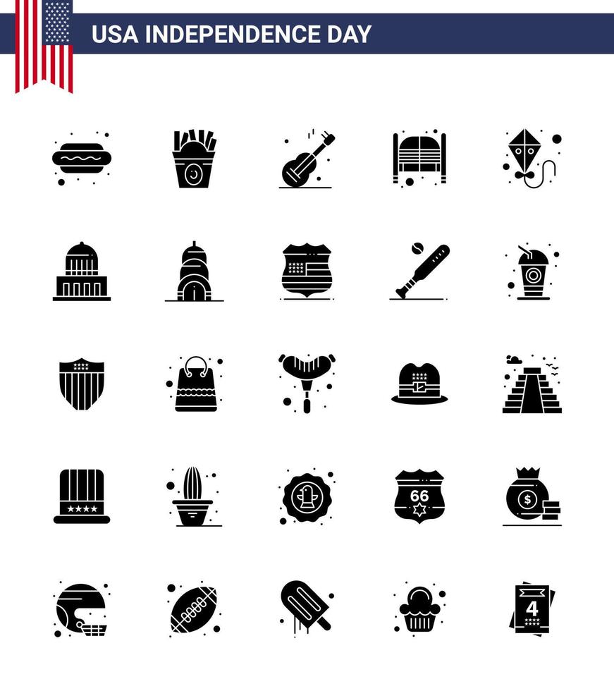 Packung mit 25 soliden Glyphenzeichen zur Feier des Unabhängigkeitstages der USA und Symbolen für den 4. Juli, wie z vektor