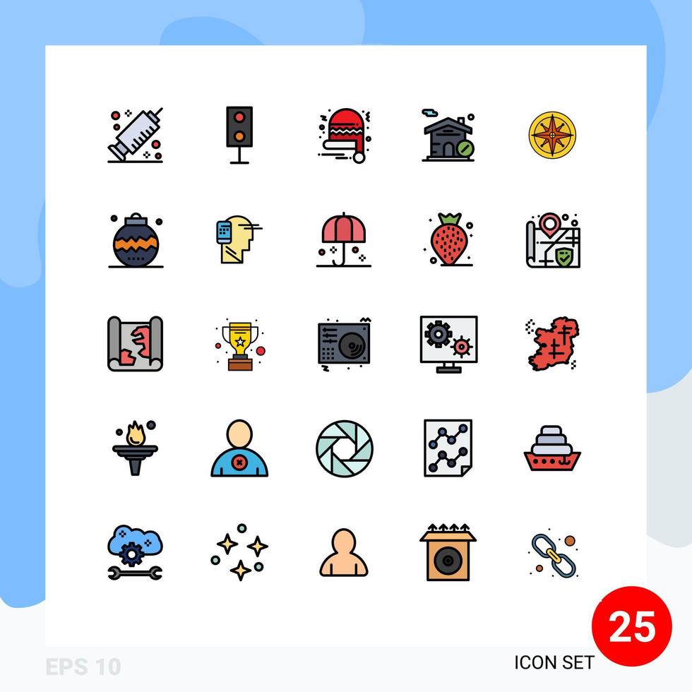 25 universell fylld linje platt Färg tecken symboler av navigatör plats jul hatt kompass hus redigerbar vektor design element