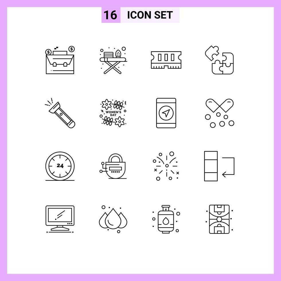 16 kreativ ikoner modern tecken och symboler av blixt ficklampa minne fyrkant logik redigerbar vektor design element