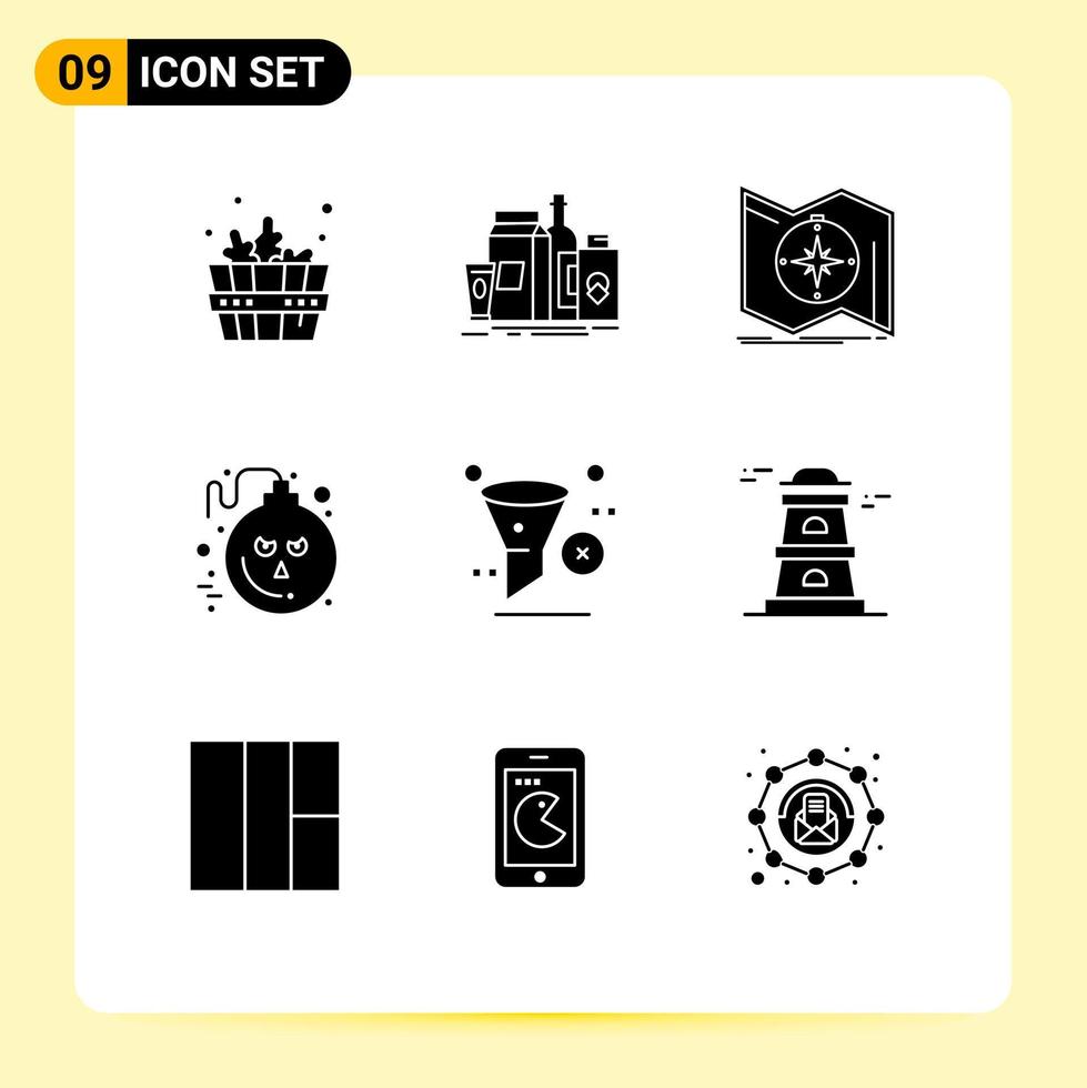 Piktogrammsatz aus 9 einfachen soliden Glyphen zum Löschen der Horrorrichtung Halloween-Navigation editierbare Vektordesign-Elemente vektor