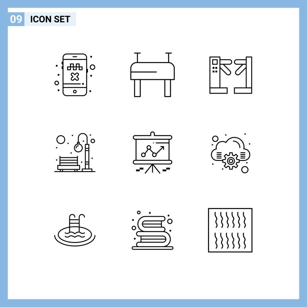moderner Satz von 9 Umrissen und Symbolen wie Präsentationsdiagramm Drehkreuze Lichtpark editierbare Vektordesign-Elemente vektor