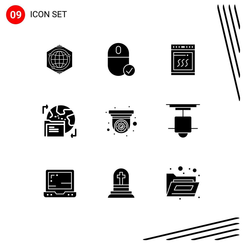 Stock Vector Icon Pack mit 9 Zeilenzeichen und Symbolen für Kameraordner-Hardware-Welt, die editierbare Vektordesign-Elemente kocht