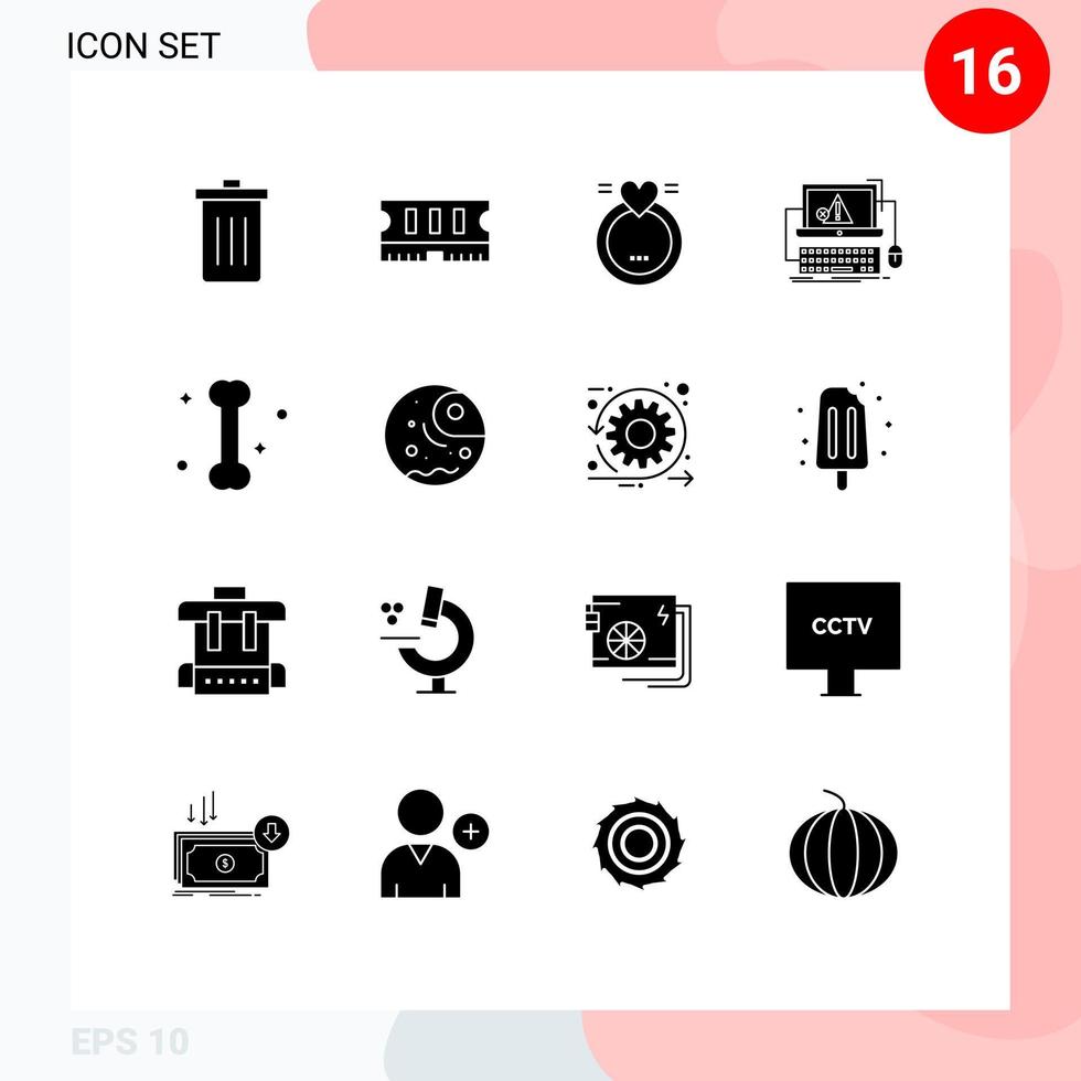 Satz von 16 kommerziellen soliden Glyphenpaketen für medizinisches Versagen Ringfehler computerbearbeitbare Vektordesign-Elemente vektor