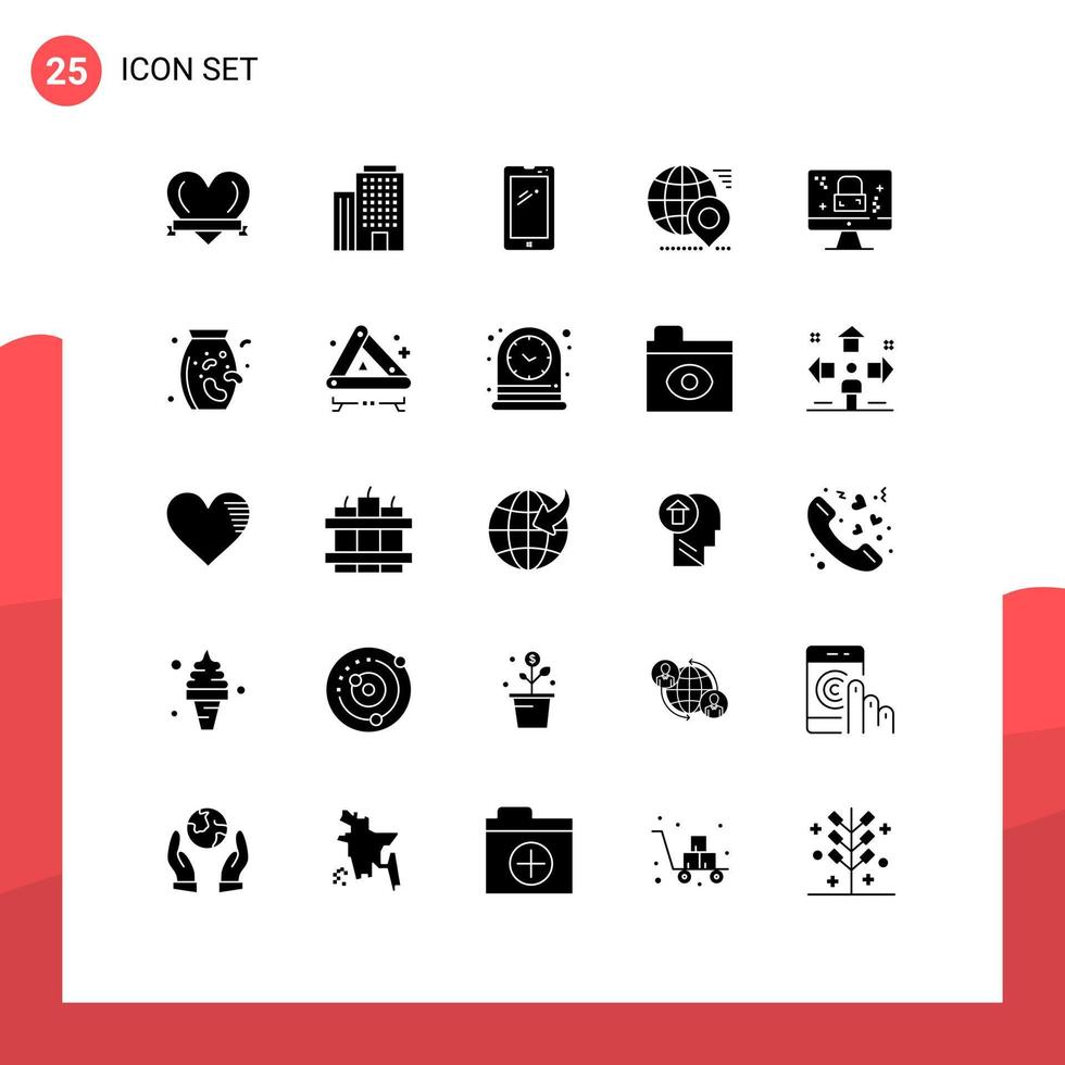 moderner Satz von 25 soliden Glyphen-Piktogrammen des Monitorstandorts Mobile Pin Earth editierbare Vektordesign-Elemente vektor