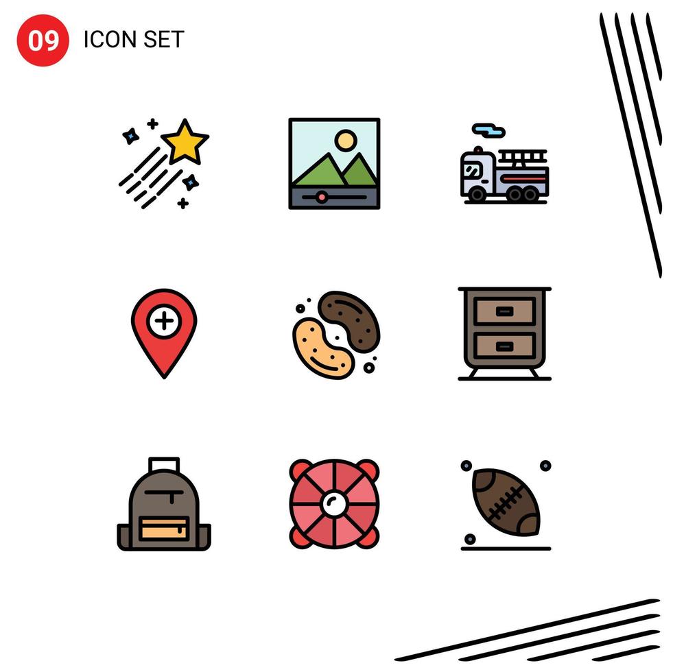 Gruppe von 9 gefüllten flachen Farbzeichen und Symbolen für Lebensmittelsüßigkeiten Quad-Pin-Karte editierbare Vektordesign-Elemente vektor