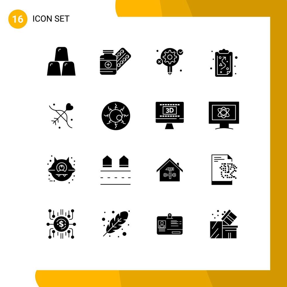 16 solides Glyphenkonzept für mobile Websites und Apps Bogenschießenstrategie Tablet-Pfadprozess editierbare Vektordesignelemente vektor