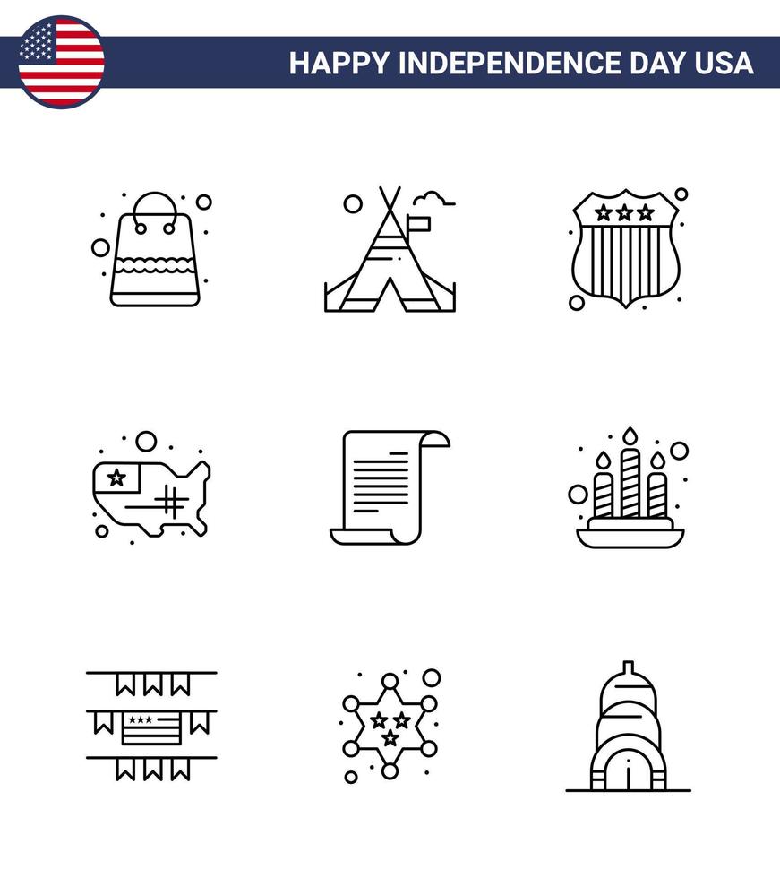 4. juli usa glücklicher unabhängigkeitstag symbol symbole gruppe von 9 modernen linien des amerikanischen dateiabzeichens usa gibt editierbare usa-tag-vektordesignelemente an vektor