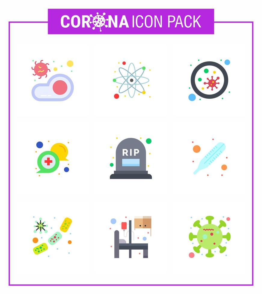 Coronavirus-Präventionsset-Symbole 9 flache Farbsymbole wie Online-Kommunikationsforschungs-Chat-Mikrobe virales Coronavirus 2019nov-Krankheitsvektor-Designelemente vektor