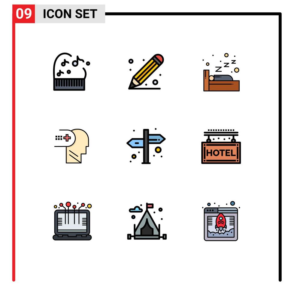 moderner Satz von 9 gefüllten flachen Farben Piktogramm der Hotelnavigation Schlafrichtung medizinische editierbare Vektordesign-Elemente vektor