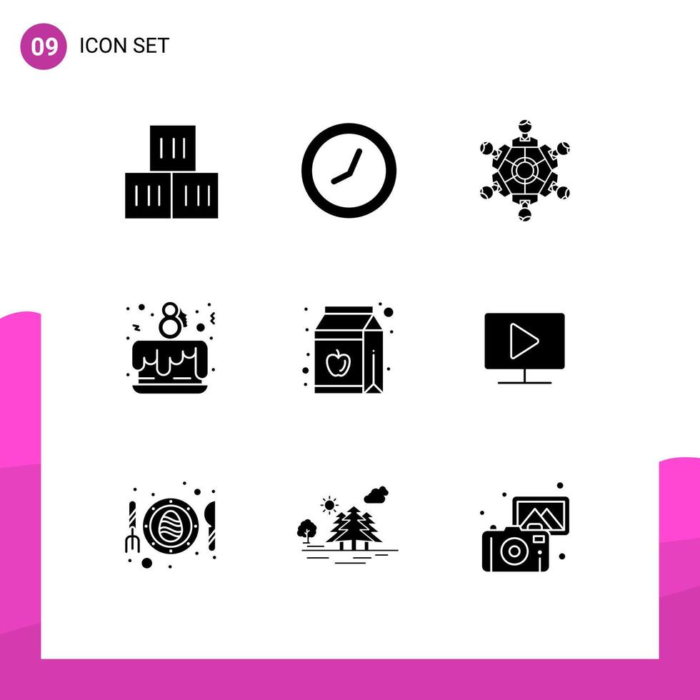 9 användare gränssnitt fast glyf packa av modern tecken och symboler av juice fira vänner kärlek kaka fest redigerbar vektor design element