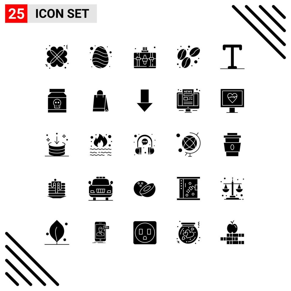 solides Glyphenpaket mit 25 universellen Symbolen für Text, fett, Handtasche, Lebensmittel, Bohne, editierbare Vektordesign-Elemente vektor