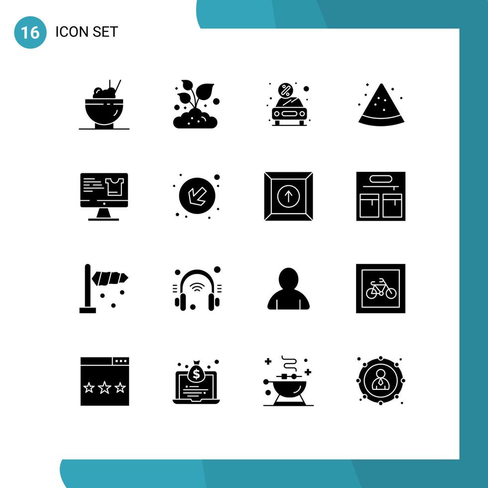 grupp av 16 fast glyfer tecken och symboler för övervaka dator rabatt vattenmelon frukt redigerbar vektor design element