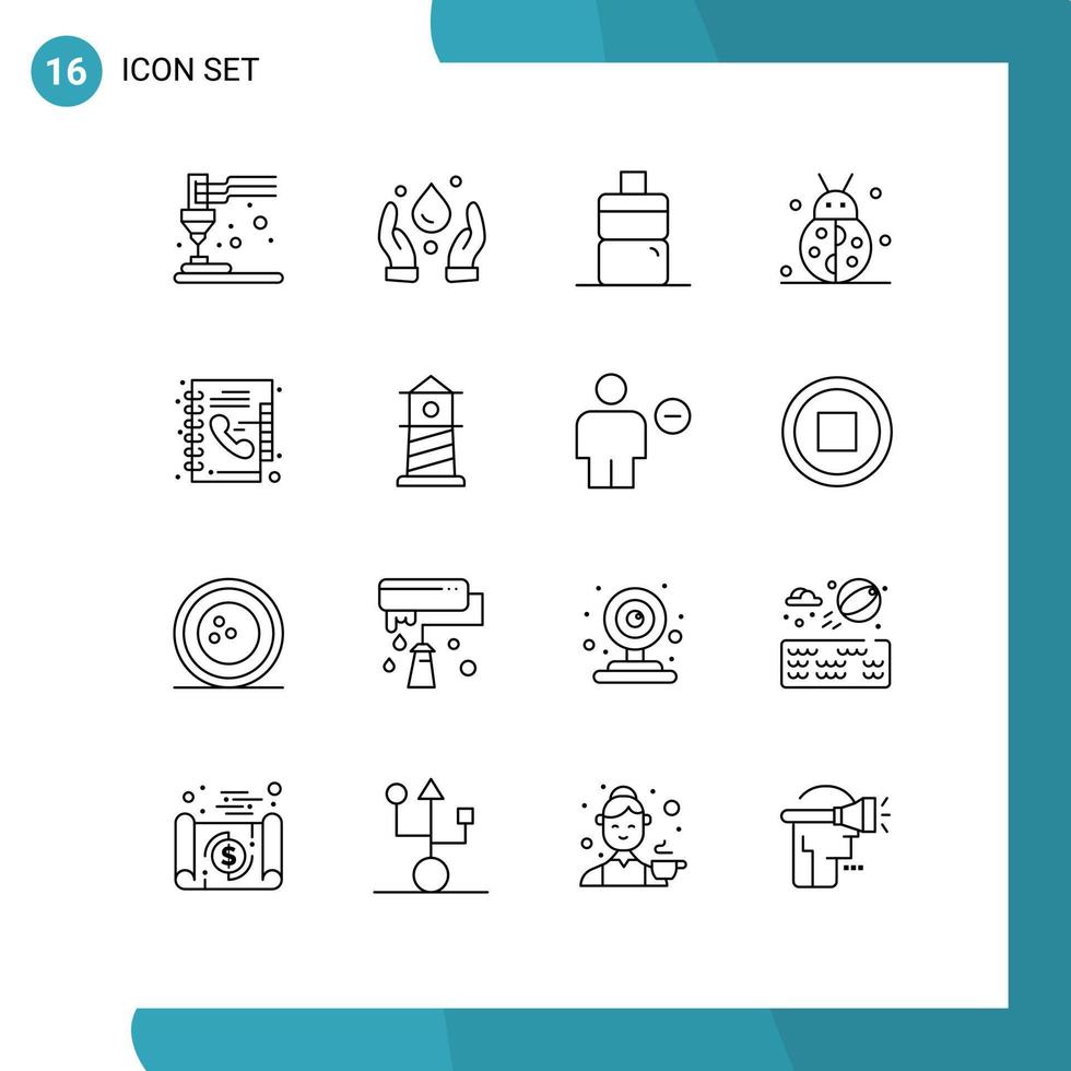 grupp av 16 konturer tecken och symboler för telefon bok katalog vatten bok tacksägelse redigerbar vektor design element
