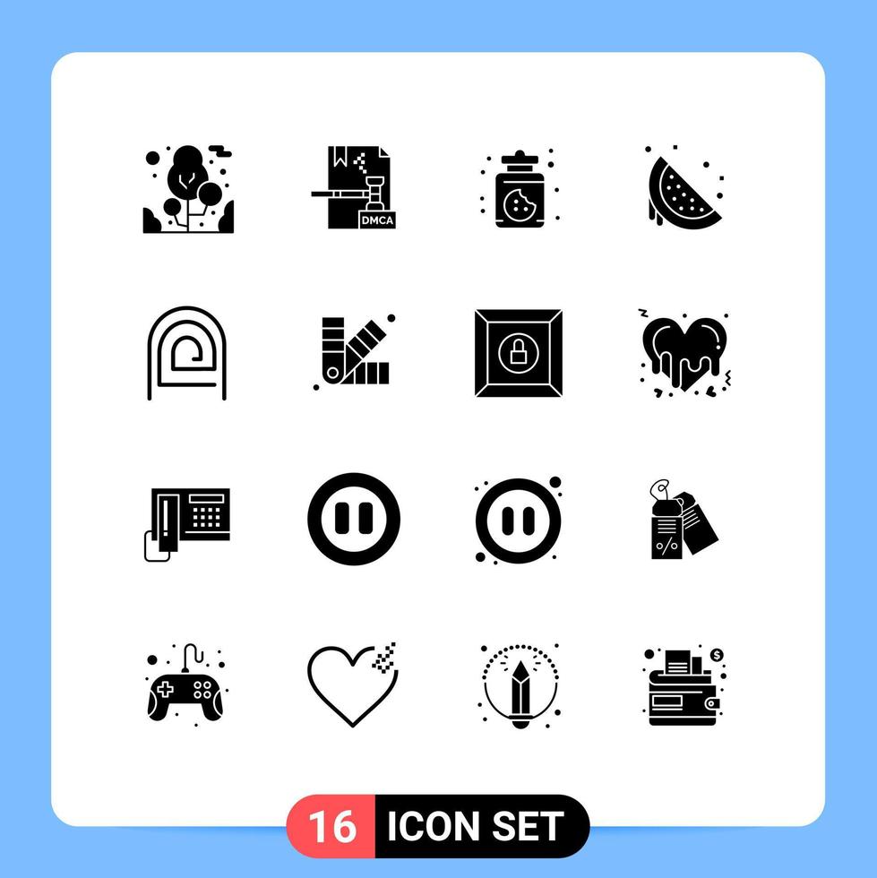 Satz von 16 kommerziellen soliden Glyphen-Packs für Fingerabdruck-Wassermelonen-Dessert-süße Früchte editierbare Vektordesign-Elemente vektor