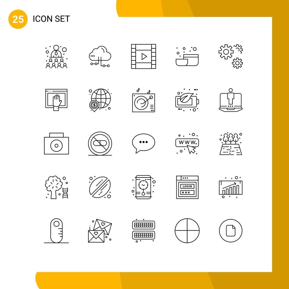25 Benutzeroberflächen-Linienpaket mit modernen Zeichen und Symbolen von Service-Zahnrädern, Filmkonfiguration, Küche, editierbare Vektordesign-Elemente vektor