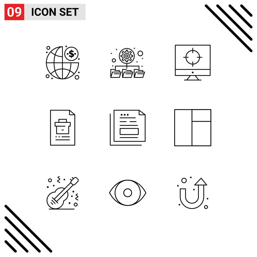Stock Vector Icon Pack mit 9 Zeilenzeichen und Symbolen für Dokumentenbericht SEO-Datei Corporate editierbare Vektordesign-Elemente
