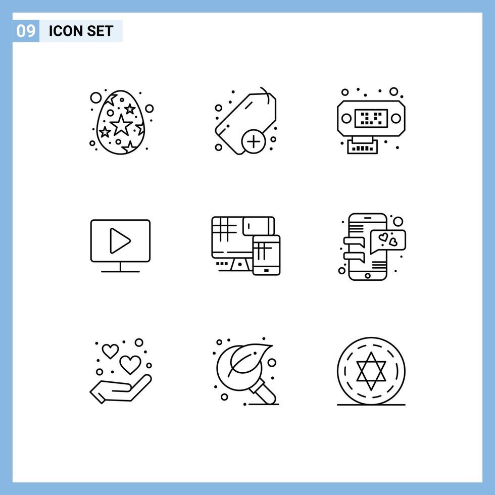 Stock Vector Icon Pack mit 9 Zeilenzeichen und Symbolen für Bildungsmonitordaten Computervideo editierbare Vektordesignelemente