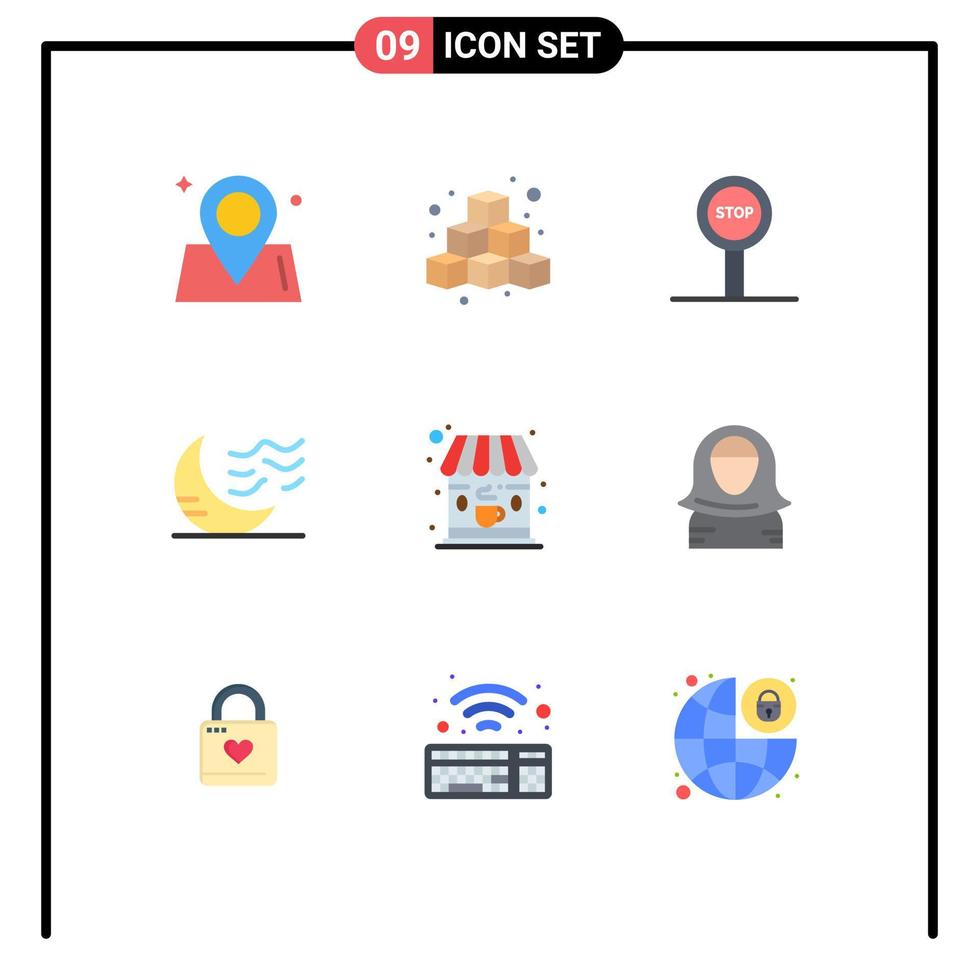 satz von 9 modernen ui-symbolen symbole zeichen für café schlaf spielen nacht klima editierbare vektordesignelemente vektor