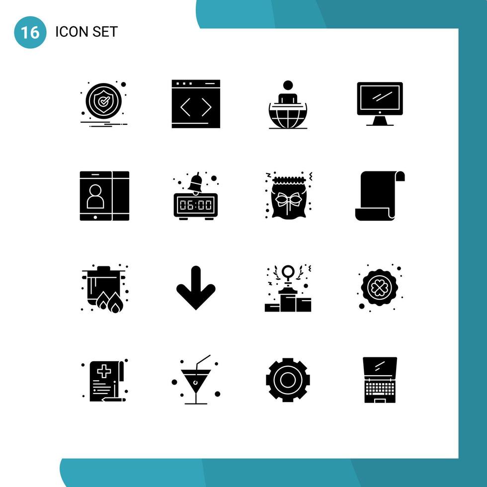 mobil gränssnitt fast glyf uppsättning av 16 piktogram av mobil imac global bearbeta enhet dator redigerbar vektor design element