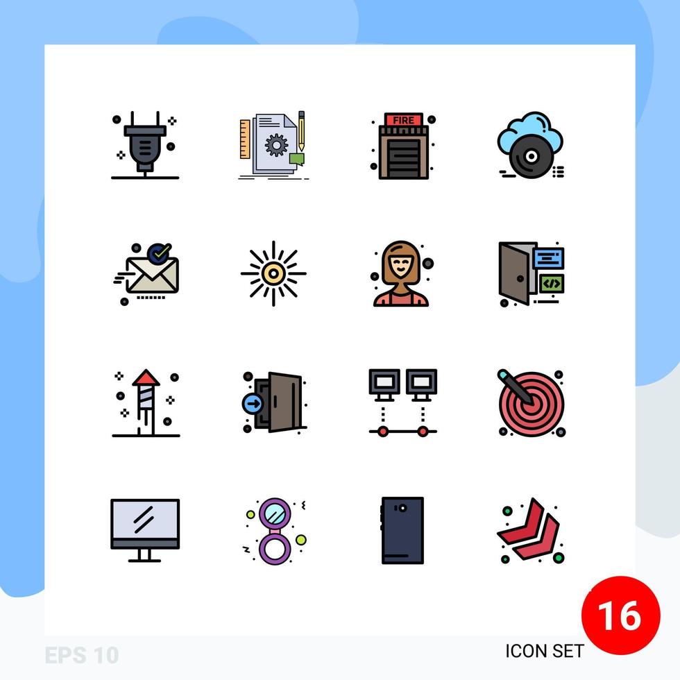 gruppe von 16 flachen farbgefüllten linien zeichen und symbole für e-mail-cloud-unterstützungsarchiv cd editierbare kreative vektordesignelemente vektor