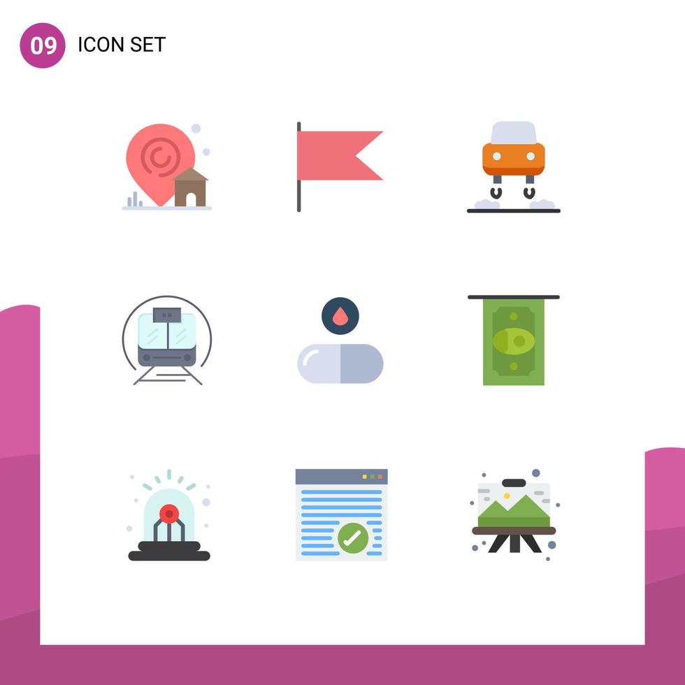 moderner Satz von 9 flachen Farben und Symbolen wie Pillen, Tablette, fliegende Droge, Trian, editierbare Vektordesign-Elemente vektor