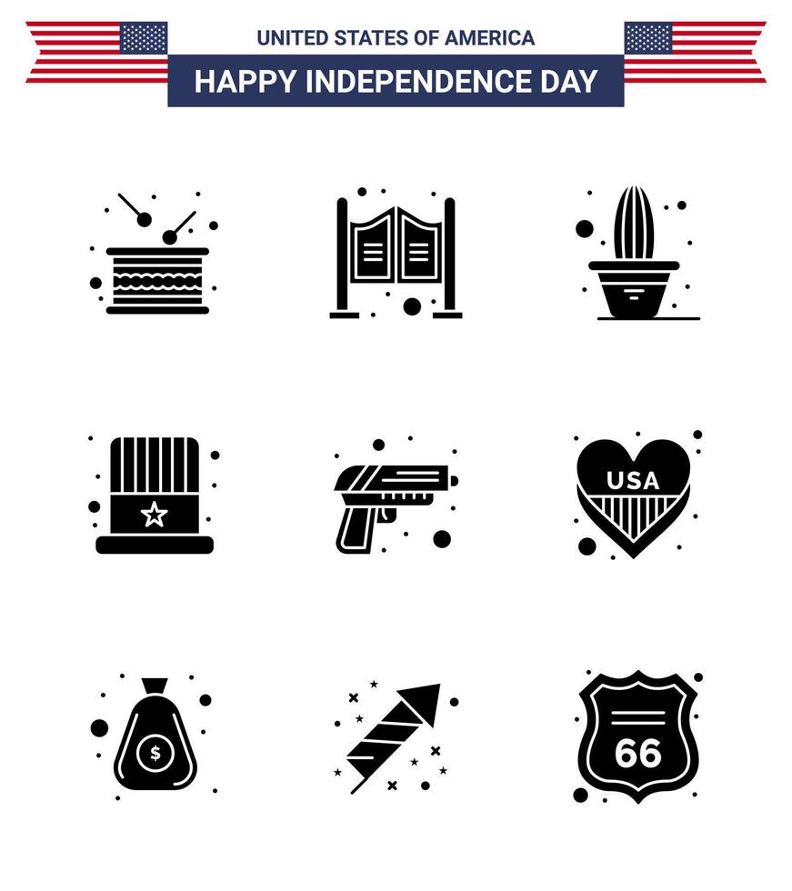USA Lycklig oberoende dag piktogram uppsättning av 9 enkel fast glyfer av pistol hatt Västra keps pott redigerbar USA dag vektor design element