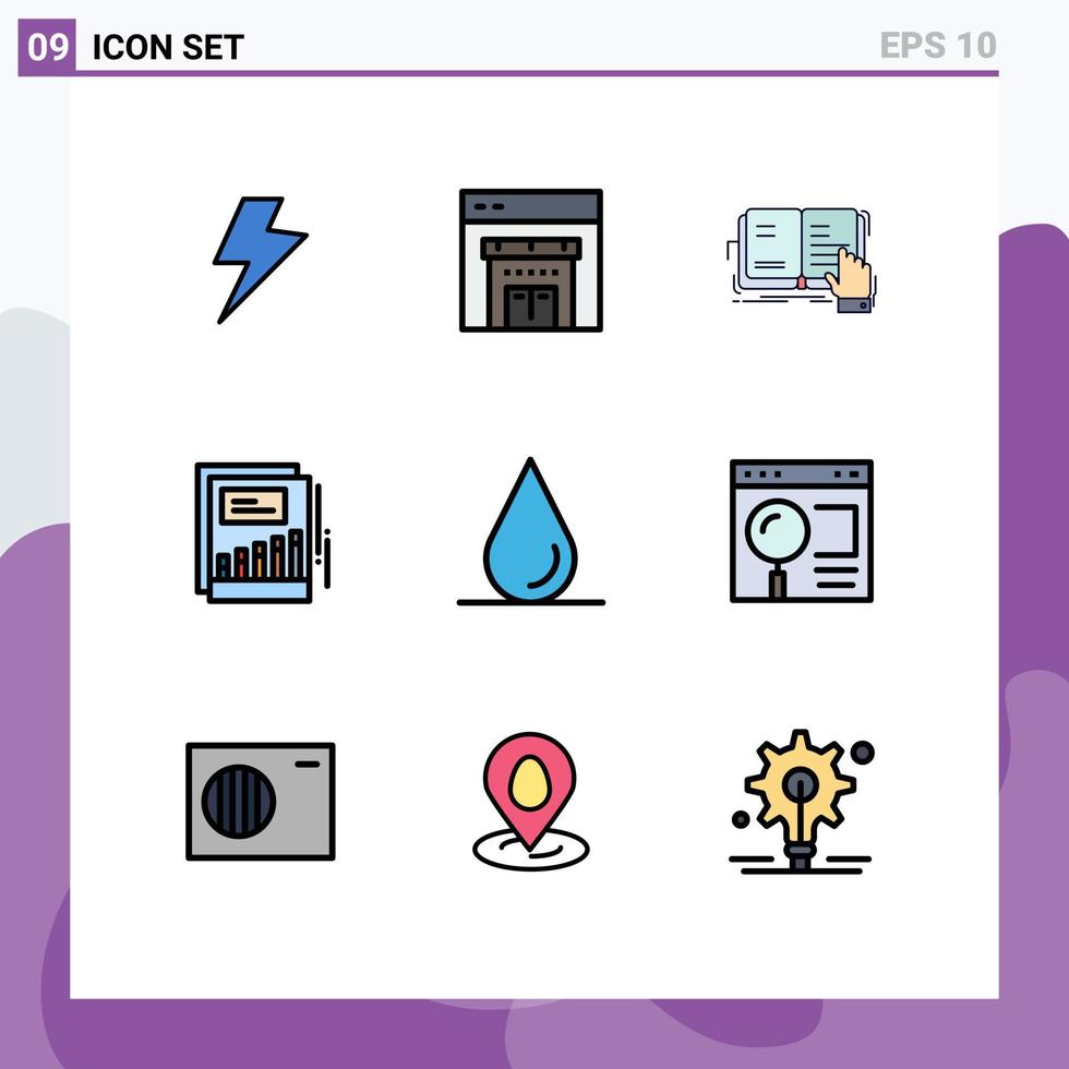 Mobile Schnittstelle Filledline flacher Farbsatz von 9 Piktogrammen von editierbaren Vektordesign-Elementen des Wasserberichts Einkommensdiagramms vektor