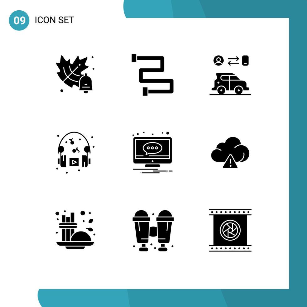 uppsättning av 9 vektor fast glyfer på rutnät för underrättelse kommentar man chatt hörlurar redigerbar vektor design element