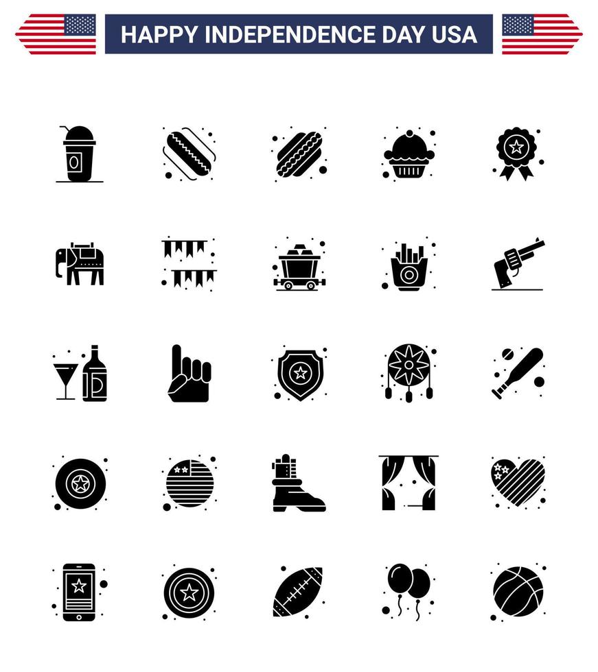 25 usa Solid Glyph Pack of Independence Day Zeichen und Symbole des amerikanischen Tages Amerikanischer Dessertelefant Unabhängigkeitstag editierbare usa-Tag-Vektordesign-Elemente vektor