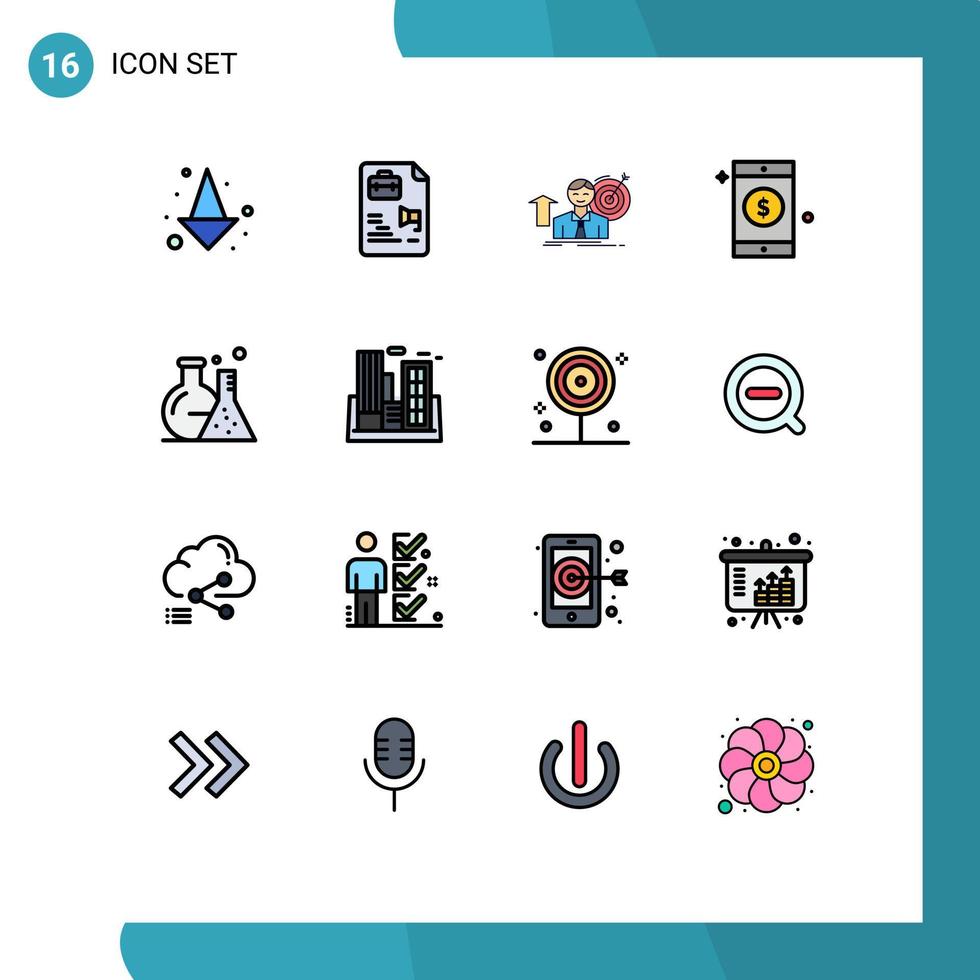 piktogram uppsättning av 16 enkel platt Färg fylld rader av labb rör användare tecken mobil redigerbar kreativ vektor design element
