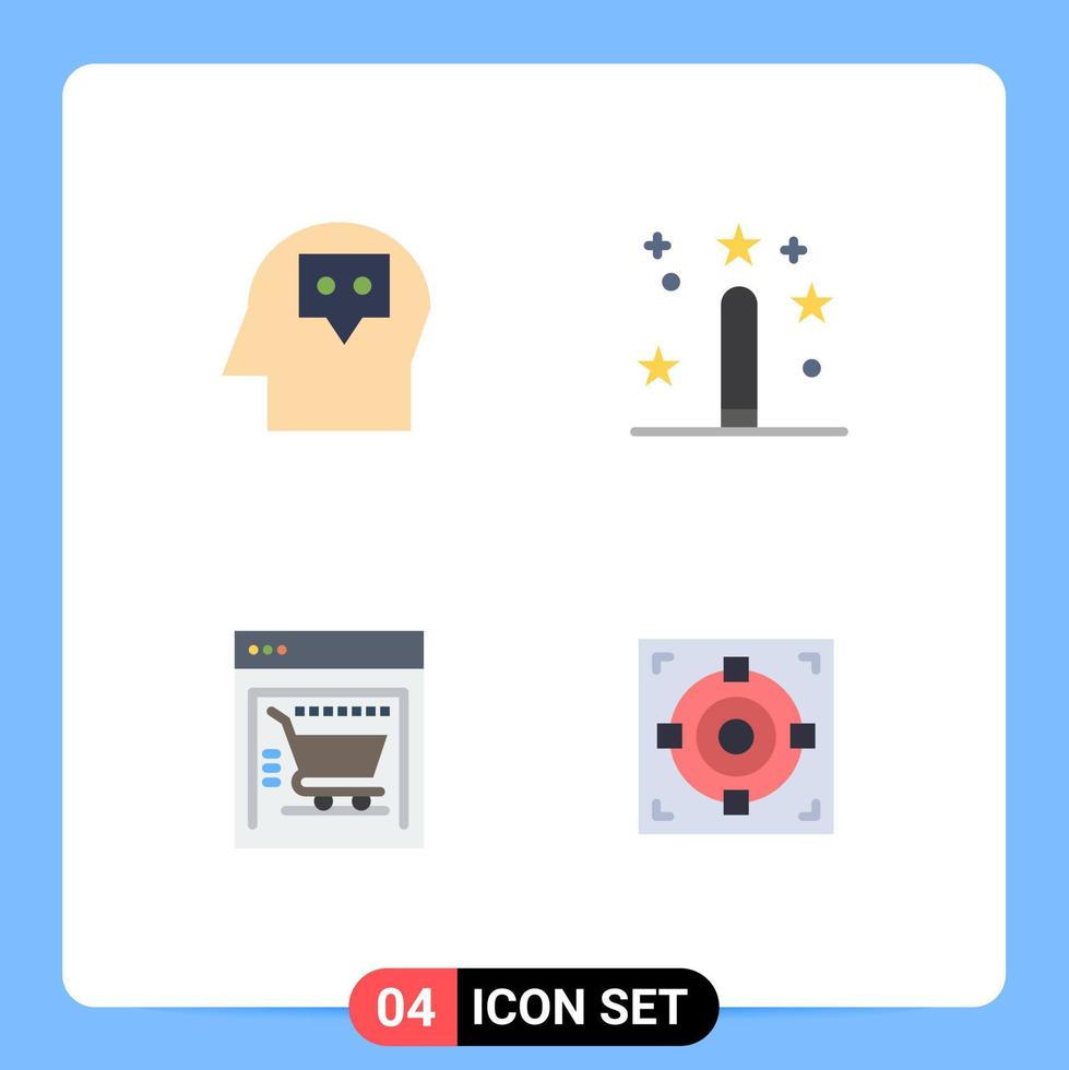 4 flaches Icon-Pack der Benutzeroberfläche mit modernen Zeichen und Symbolen der Kopf-Warenkorb-Codierung für magische Ziele editierbare Vektordesign-Elemente vektor