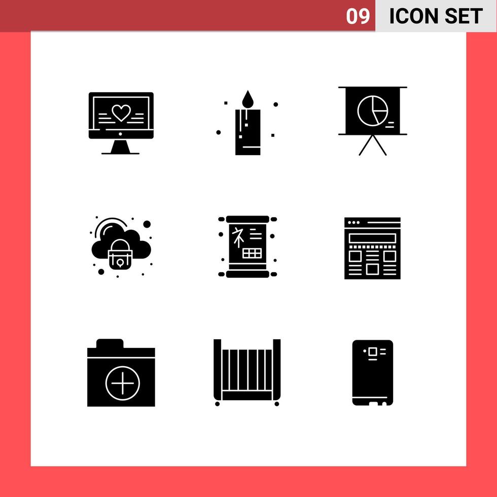 solides glyphenpaket mit 9 universellen symbolen des chinesischen marketings des neuen jahres sichere cloud-editierbare vektordesignelemente vektor