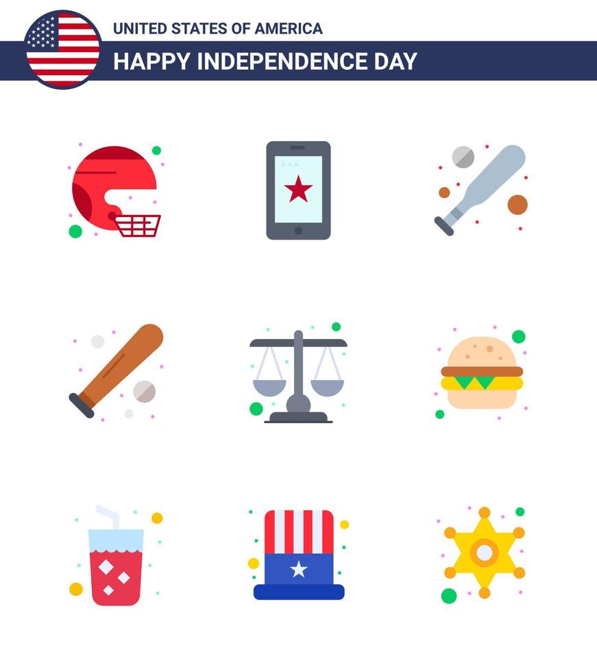 Packung mit 9 USA-Unabhängigkeitstag-Feierebenenzeichen und 4. Juli-Symbolen wie USA-Fledermauszelle Baseball Hardball editierbare USA-Tag-Vektordesign-Elemente vektor