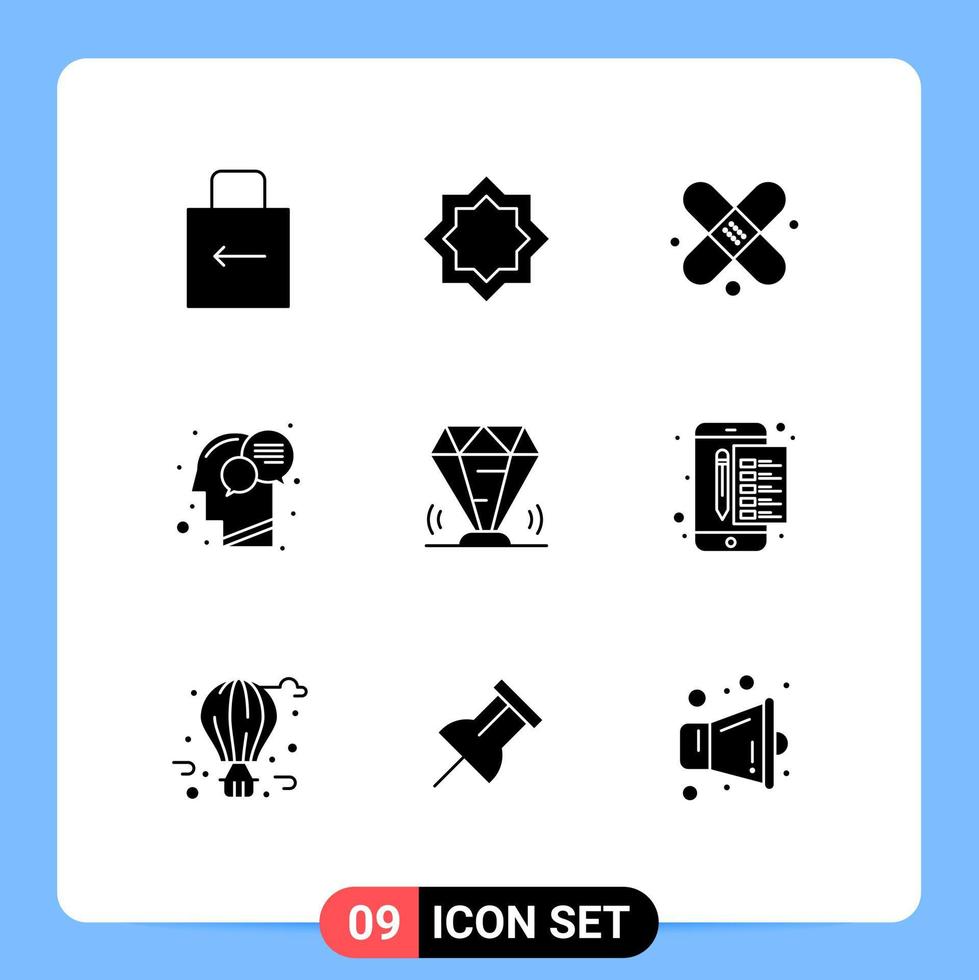 uppsättning av 9 vektor fast glyfer på rutnät för diamant sinne islam mänsklig kommunikation redigerbar vektor design element