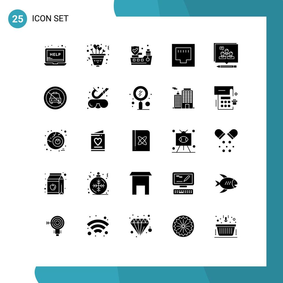 mobil gränssnitt fast glyf uppsättning av 25 piktogram av övertyga argument fartyg analys Ethernet redigerbar vektor design element